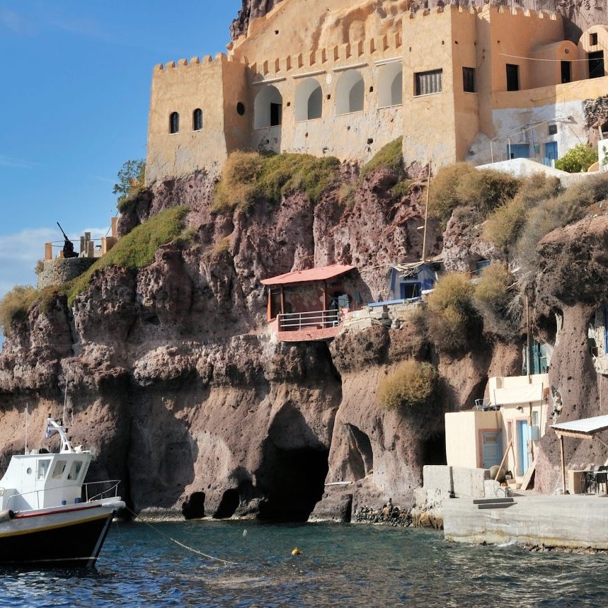 The Old port below Fira where the only way up and down to the town is the donkeys,  the cable car or to walk.